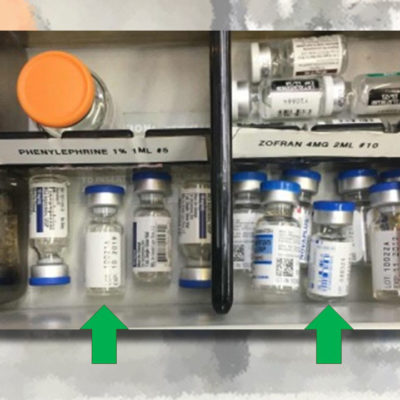 Phenylephrine 1% 1mL vial paired next to Ondansetron (Zofran®) 4mg 2mL vial. Look-alike with blue tops.