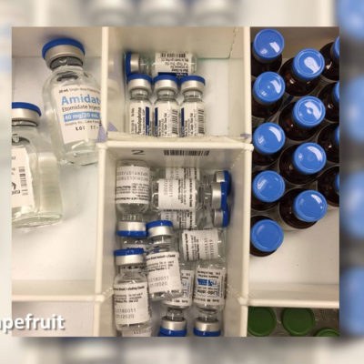Four vials with similar blue tops paired next to each other in same drawer. Etomidate (Amidate®), Phenylephrine, Lidocaine and dexamethasone.