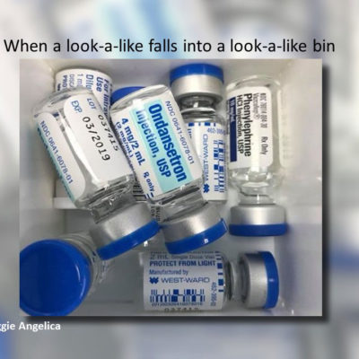 Phenylephrine 1% 1mL vial fell into Ondansetron (Zofran®) 4mg 2mL vial drawer. This is from a different institution than Figure 1. Look-alike with blue tops.