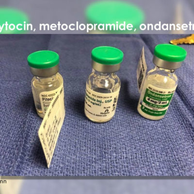 Oxytocin (Pitocin), Ondansetron (Zofran ®) 4 mg/2mL, and metoclopramide vial look-alike with similar green tops.