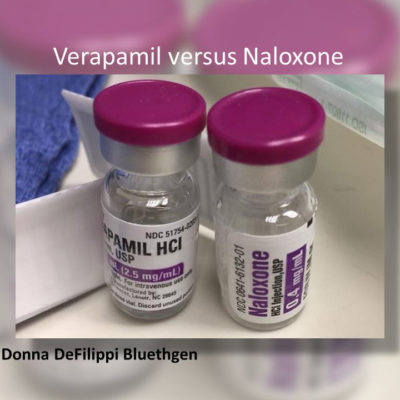 Verapamil 2.5mg/mL versus naloxone 0.4 mg/mL look-alike vials with similar maroon tops.