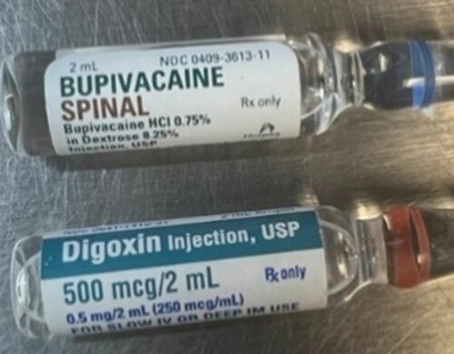 Examples of ampules of BUPivacaine Spinal by Hospira (NDC 0409-3613-11) (top) and digoxin by Hikma Pharmaceuticals (NDC 0641-1410-31) (bottom).