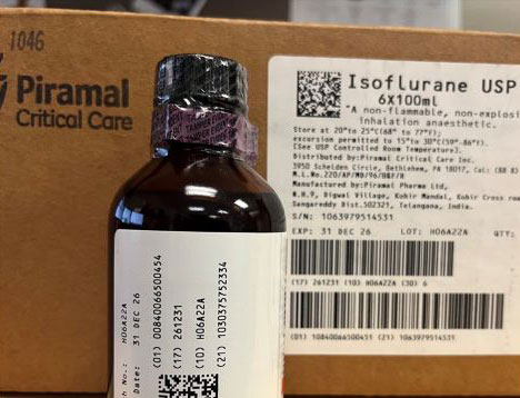 Figure 1. A case labeled Isoflurane USP by Piramal Critical Care contained bottles of Isoflurane, USP 100 mL labeled “for animal use only” by Covetrus.