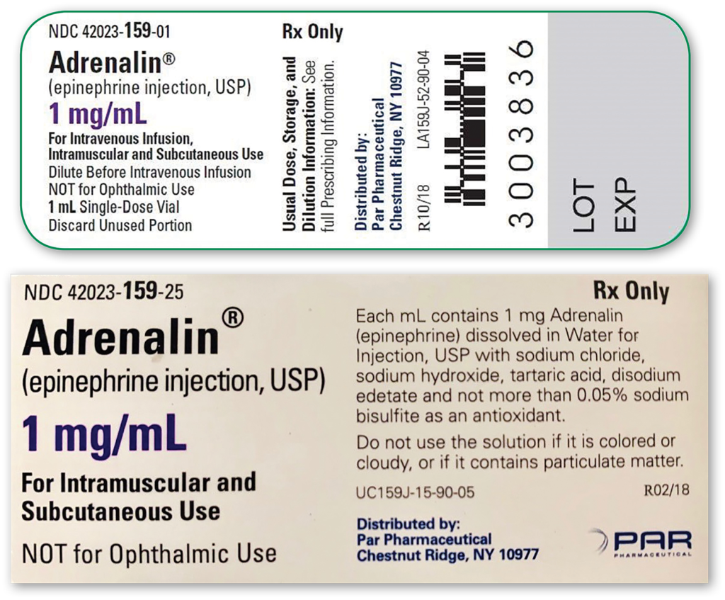 Figure 2: Manufacturing information provided for single-use (sulfite-containing) vials of epinephrine. First image provides information available on vial and second image provides more detailed information available on the product box.