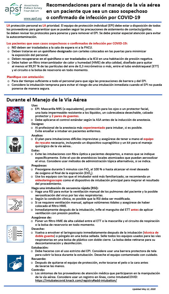 Recomendaciones para el manejo de las vías respiratorias en un paciente que sea un caso sospechoso o confirmado de infección por COVID-19