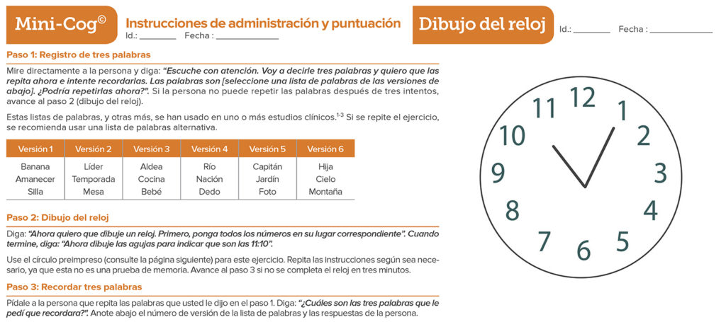 Figura 2: Prueba de detección cognitiva breve Mini-Cog. La prueba Mini-Cog® tiene dos componentes que incluyen un puntaje de precisión al “dibujar un reloj” y “recordar tres palabras” para obtener un resultado acumulativo que pueda favorecer la detección de deficiencias cognitivas. Hay un total de cinco puntos posibles para la prueba: tres puntos posibles para el ejercicio de recordar tres palabras y dos puntos posibles para el ejercicio del reloj. Un puntaje total de tres o más indica una menor probabilidad de deterioro cognitivo. Derechos de autor de Mini-Cog®, Dr. Soo Borson (usado con permiso). Visite mini-cog.com para obtener más información.