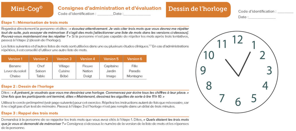 Figure 2 : Le test Mini-Cog Le test Mini-Cog® comporte deux éléments qui comprennent une évaluation de la précision du « dessin d’une horloge » et le « rappel de trois mots », permettant d’obtenir un score cumulé qui peut permettre de détecter une augmentation des troubles cognitifs. Le score total du test peut aller jusqu’à cinq points, avec trois points possibles pour le rappel des trois mots et deux points pour une horloge normale. Un score total de trois ou plus indique une probabilité plus faible de troubles cognitifs. Droits d’auteur Mini-Cog®, Dr. Soo Borson (utilisé avec l’autorisation de l’auteur). Voir mini-cog.com pour un complément d’information.