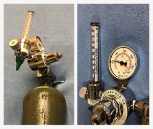 Figure 2: Nearly identical appearing flowmeters but for a thin carbon dioxide label (right).