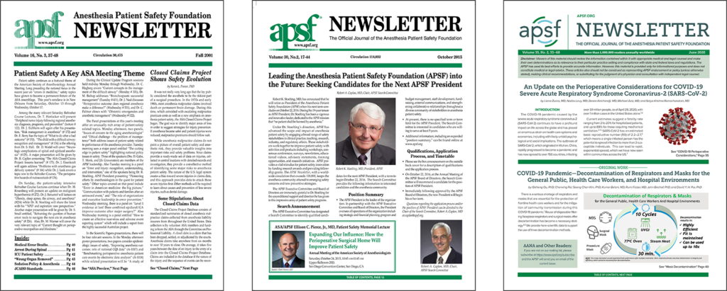 The APSF Newsletter though the years, starting with the original design under John Eichhorn; changes to the logo and format under Bob Morell; and our latest edition with the new branding under Steven Greenberg.