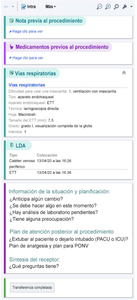 Figura 1: Primera versión de la herramienta de transferencias intraoperatorias (reimpresión con permiso de ©2020 Epic Systems Corporation) en el registro intraoperatorio de Epic.