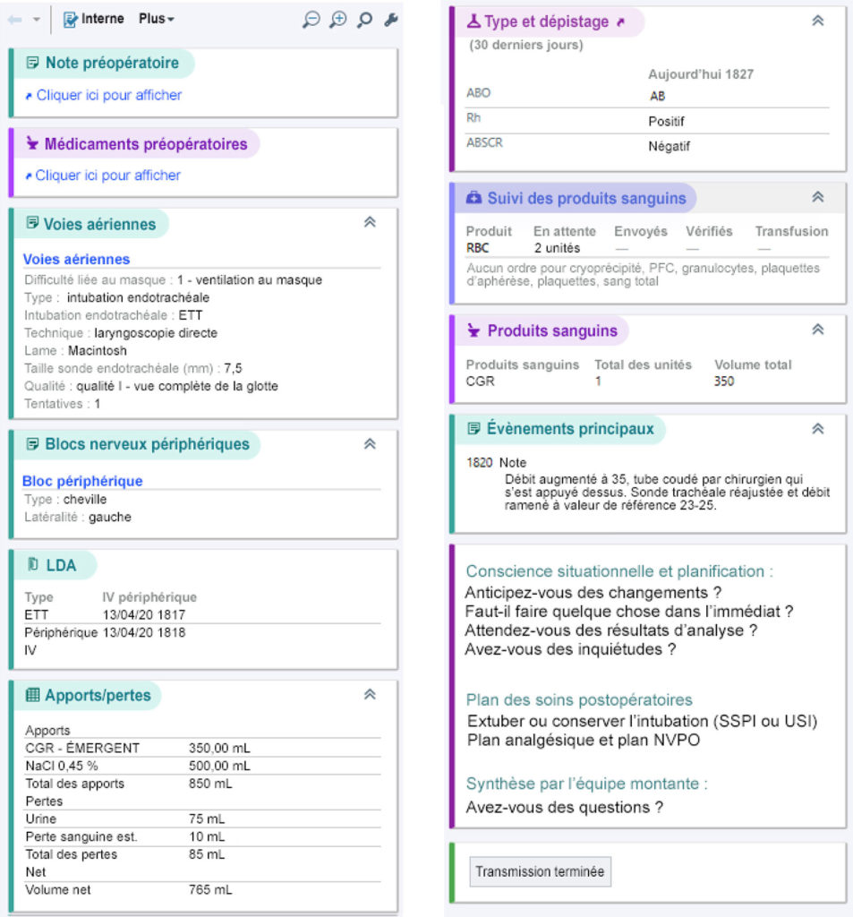 Figure 2 : Version actuelle de l’outil de transmission (reproduite avec l’autorisation de ©2020 Epic Systems Corporation) dans le dossier peropératoire Epic. Dans le dossier peropératoire Epic réel, l’encadré s’affiche sous la forme d’une colonne verticale continue qui peut être consultée en la faisant défiler vers le haut et vers le bas.