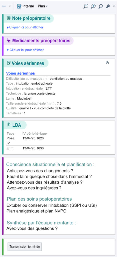 Figure 1 : Première version de l’outil de transmission peropératoire (reproduite avec l’autorisation de ©2020 Epic Systems Corporation) dans le dossier peropératoire Epic.