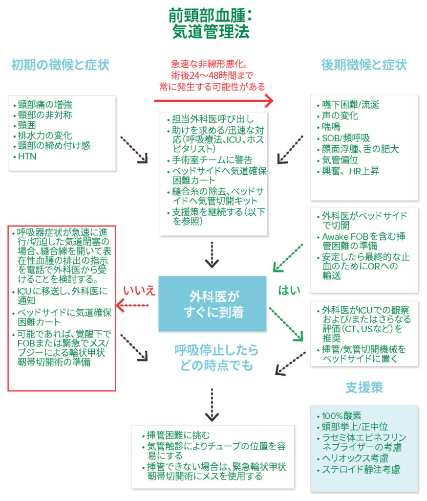 図 2：前頸部血腫：気道確保経路<br /> <b>略語：</b> CT（コンピューター断層撮影）、FOB（ファイバー気管支鏡）、ICU（集中治療室）、IV（静脈内）、HTN（高血圧）、HR（心拍数）、OR（手術室）、SOB（息切れ）、US（超音波）