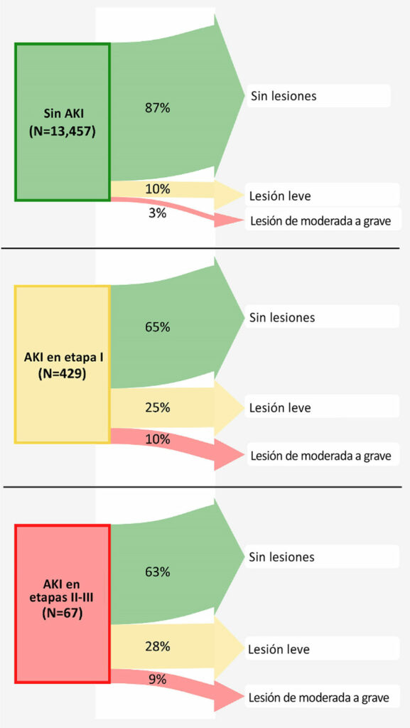 Figura 6: Resultados renales 1 a 2 años después de la cirugía, según la etapa de la lesión aguda de riñón posoperatoria. El ancho de las flechas representa el porcentaje de pacientes de cada grupo de exposición que tiene cada etapa de la lesión de riñón de largo plazo.<sup>37</sup> Un cuarto de los pacientes con lesión de riñón posoperatoria en etapa I (aumento de la creatinina de ≥0,3 mg/dl o de 1,5 a 1,9 veces el nivel inicial) aún tenía una lesión leve 1 a 2 años más tarde, y el 10 % tenía una lesión en una etapa mucho más alta. Entonces, un tercio completo de los pacientes con lesión de riñón en etapa I tuvo lesión de riñón 1 a 2 años después de la cirugía. En consecuencia, los pacientes con una lesión posoperatoria en etapa I tuvieron un cociente de probabilidad (CI del 95 %) de 2,3 (1,8; 2,9) de tener lesión de riñón de largo plazo comparados con los pacientes sin lesión de riñón posoperatoria. Por lo tanto, concluimos que en adultos que se recuperan de una cirugía no cardíaca, incluso un ligero aumento posoperatorio de la creatinina plasmática, que corresponde a una lesión de riñón en etapa I, se asocia a un resultado renal peor 1 a 2 años después de la cirugía y, por eso, debe considerarse un resultado perioperatorio de importancia clínica.<br /> <br /> Reproducción y modificación autorizadas. Turan A, Cohen B, Adegboye J, Makarova N, Liu L, Mascha EJ, Qiu Y, Irefin S, Wakefield BJ, Ruetzler K, Sessler DI. Mild acute kidney injury after noncardiac surgery is associated with long-term renal dysfunction: a retrospective cohort study. <em>Anesthesiology</em>. 2020;132:1053–1061.