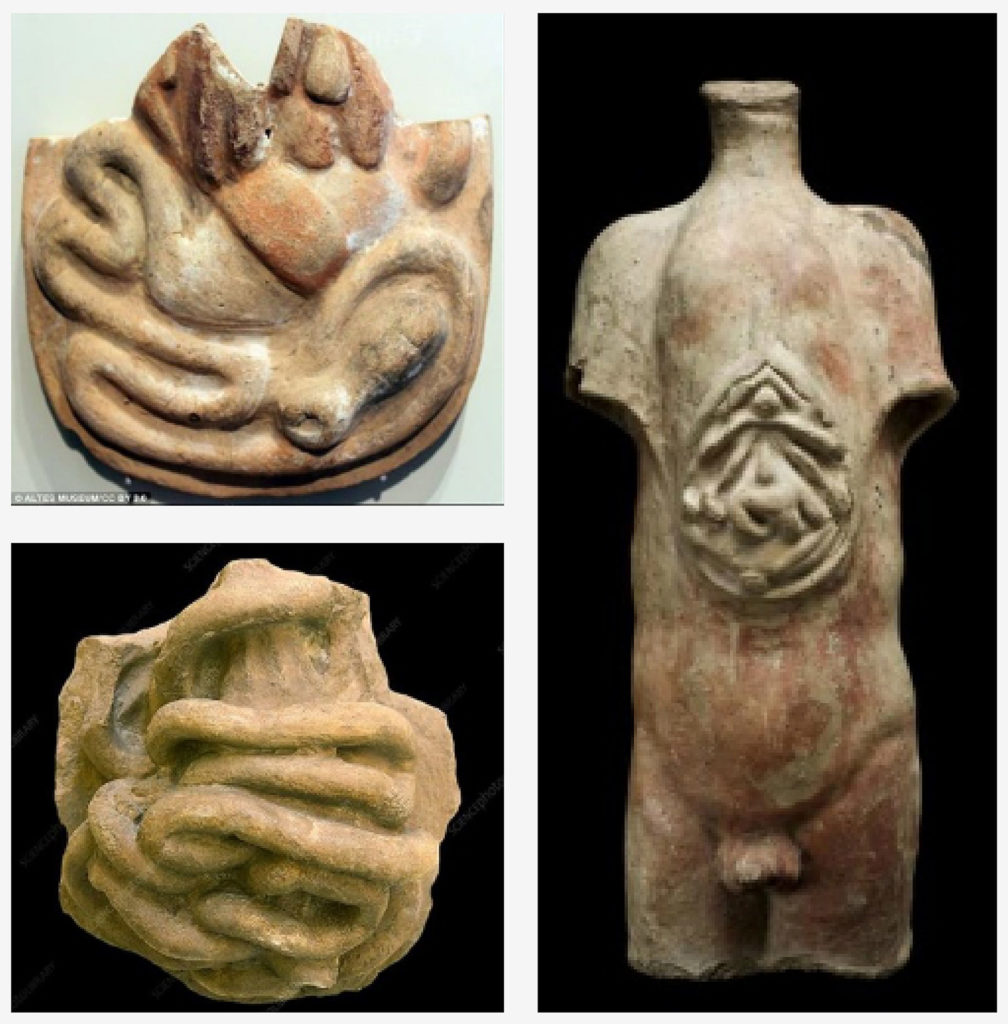 Figure 1: Ancient clay models of human anatomy recovered from sites throughout the Middle East, North Africa, and Central Asia. Left, anatomical votive offerings (Credit: Altes Museum, CC By 3.0. via Wikimedia Commons) Right, votive male torso, Roman, 200 BCE-200 CE. (Credit: Science Museum, London. Attribution 4.0 International (CC BY 4.0)