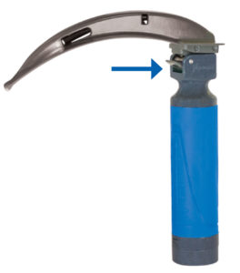 Figure 3: The blue arrow points to the hook on the laryngoscope blade (BritePro Solo from Flexicare, Inc.).