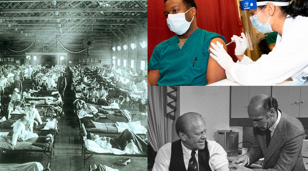 Left panel: 1918 influenza pandemic, National Museum of Health and Medicine, Armed Forces Institute of Pathology, Washington, DC, United States; Right upper panel: Army Cpt. Dr. Isaiah Horton receives COVID-19 vaccine, US Secretary of Defense; Right lower panel: US President Gerald Ford receiving swine flu vaccine, Gerald R. Ford Presidential Library; 