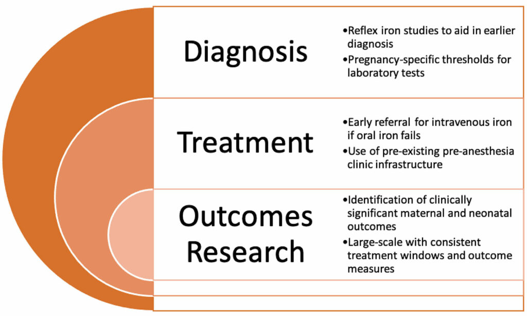 Figure 1: Opportunities for improvement in the diagnosis, treatment, and study of maternal iron deficiency anemia.