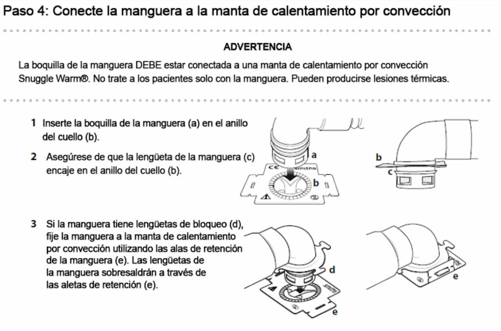 Figura 1: Instrucciones para la conexión de la boquilla de la manguera en el anillo del cuello de la manta del Manual del usuario: calentador por convección Equator (página 14).