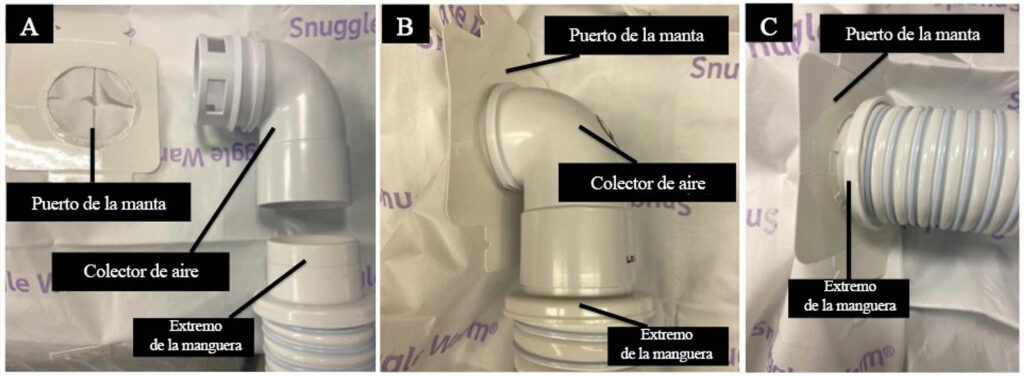 Figura 2: En el panel A se muestra el extremo de la manguera desmontado del distribuidor de aire. Observe las perforaciones en el extremo distal del distribuidor de aire, que distribuyen el flujo de aire por toda la manta de calentamiento. En el panel B se demuestra la conexión correcta del extremo de la manguera al distribuidor de aire, que a su vez se conecta al puerto de la manta. En el panel C se demuestra cómo el extremo de la manguera puede introducirse (inadvertidamente) directamente en el puerto de la manta si falta el distribuidor de aire.