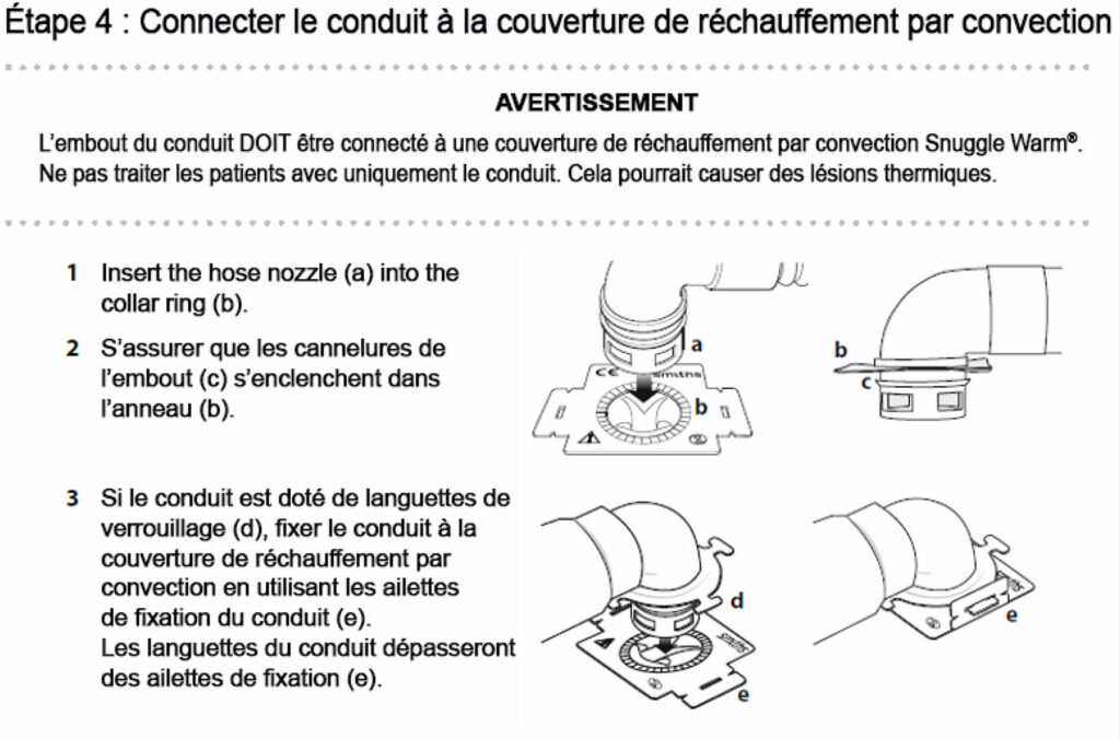 Figure 1 : Consignes pour la connexion de l’embout de conduit sur le collier de la couverture extraites du mode d’emploi du réchauffeur par convection Equator (page 14).