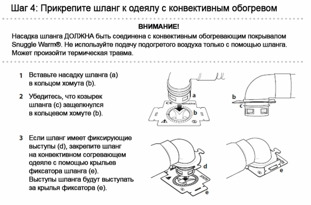 Рис. 1: Инструкции по подсоединению насадки шланга к кольцу воротника одеяла из Руководства по эксплуатации конвекционного обогревателя Equator (стр. 14).