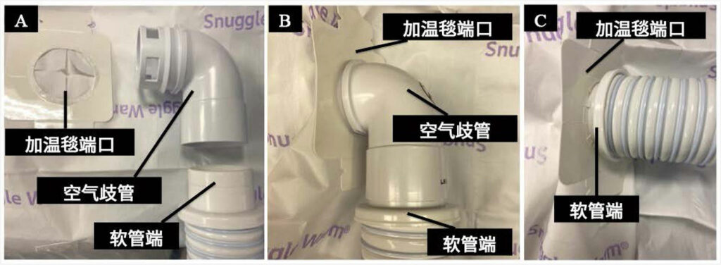 图 2：图 A 展示了从空气歧管上拆下的软管端。请注意，空气歧管远端有孔洞，用于将气流分配至整个加温毯。图 B 展示了软管端与空气歧管的正确连接方式，空气歧管又与加温毯端口相连。图 C 展示了在无空气歧管的情况下软管端如何（意外）直接插入加温毯端口。
