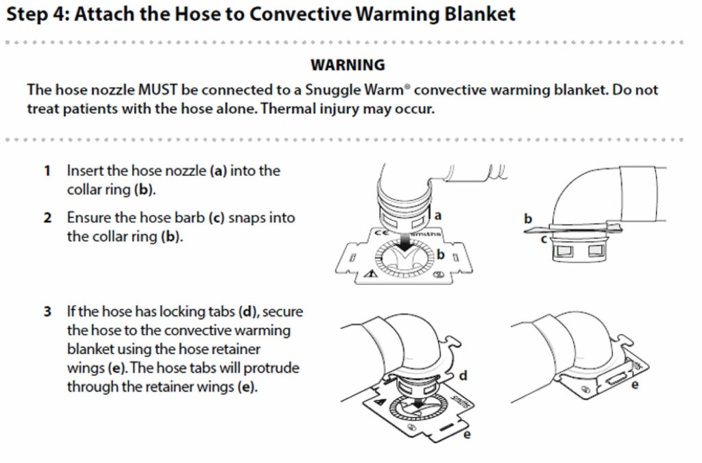 Figure 1: Instructions for Hose Nozzle Connection into the Collar Ring of the Blanket from the Operators Manual-Equator Convective Warmer (page 14).