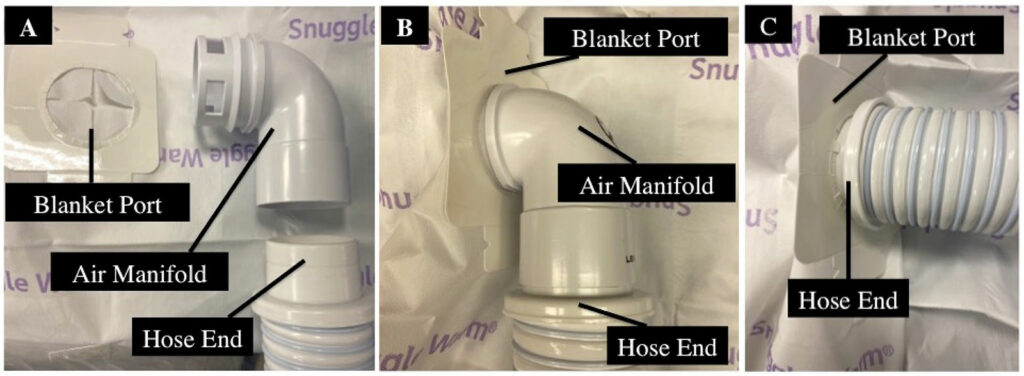 Figure 2: Panel A shows the hose end disassembled from the air manifold. Note the perforations at the distal end of the air manifold, which distribute airflow throughout the warming blanket. Panel B demonstrates the proper connection of hose end to the air manifold, which in turn connects to the blanket port. Panel C demonstrates how the hose end can be (inadvertently) inserted directly into the blanket port if the air manifold is missing.