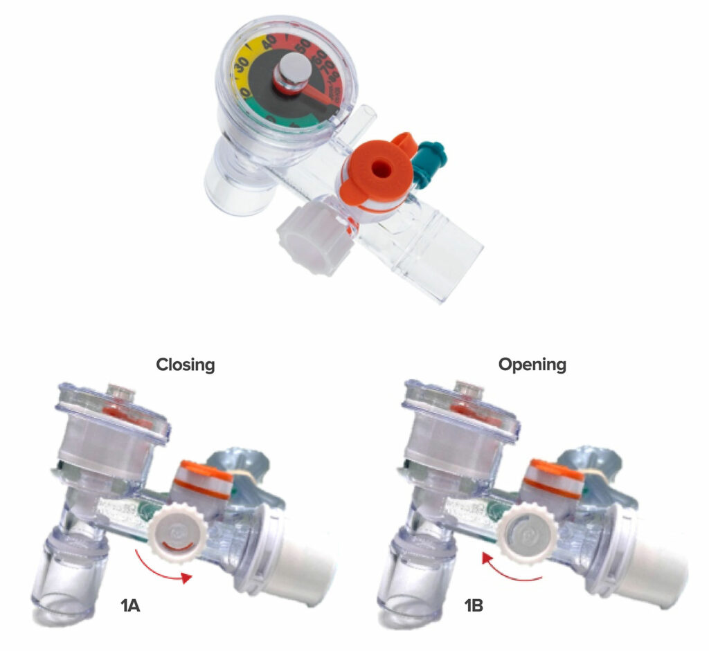 Figure 1: The Ventlab Hyperinflation System device comes with a pressure relief valve that rotates forward (1A) closing the valve and also rotates backward, thereby opening the valve (1B) and reducing pressure.