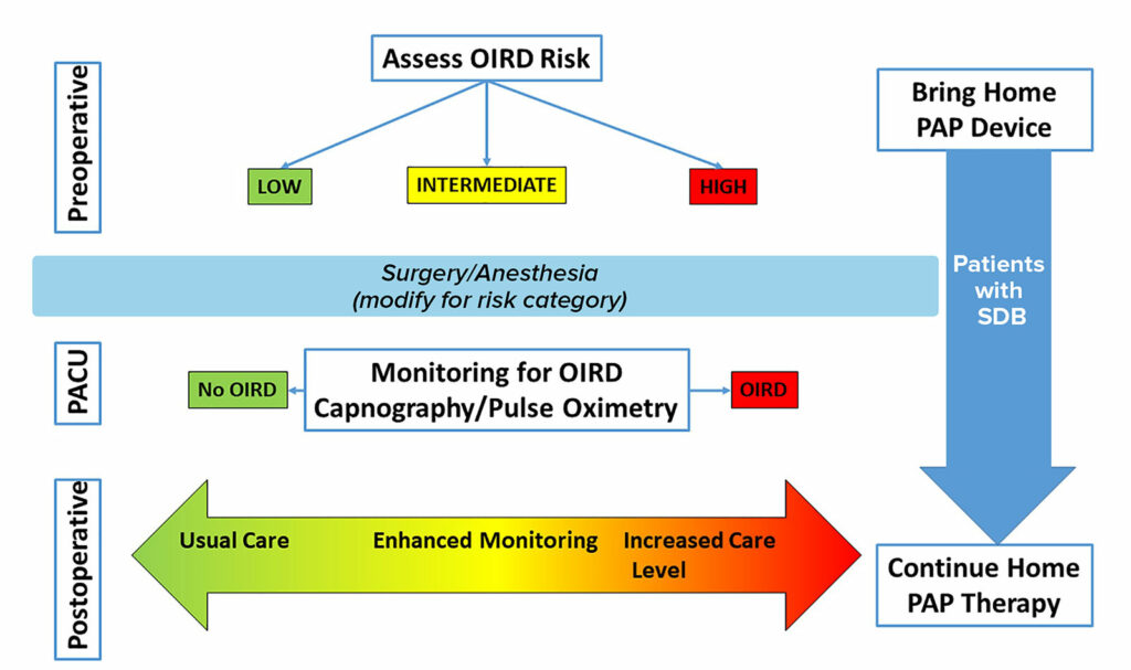 Figure 2: Proposed Clinical Pathway for Patients with Postoperative Opioid-Induced Respiratory Depression.Clinical decisions on the postoperative level of care are complex and unique for each patient. Preoperatively, patients should have a risk assessment for respiratory depression. The surgical and anesthetic management should be tailored for this risk. During anesthesia recovery, patients’ respiratory status should be monitored for various signs of respiratory depression. Postoperative management decisions regarding level of monitoring and care should be guided by preoperative status, intraoperative status, and the anesthesia recovery course. Home therapies for sleep-disordered breathing should be continued into the postoperative period. PACU indicates postanesthesia care unit; OIRD, opioid induced respiratory depression; SDB, sleep disordered breathing; PAP, positive airway pressure.