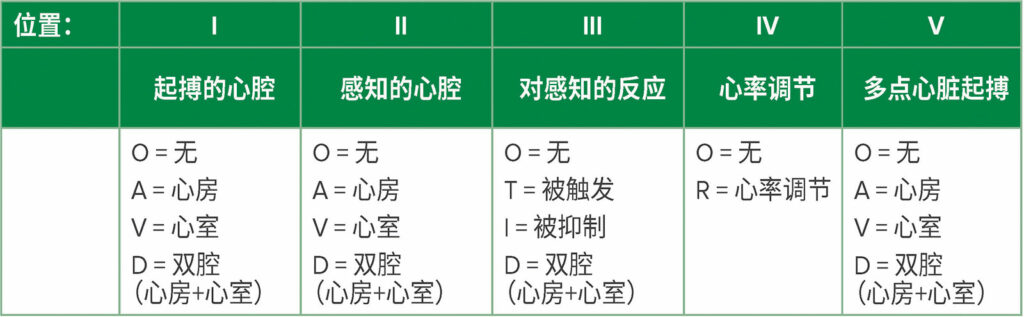 表 1：通用起搏器代码来自北美起搏和电生理学会以及英国起搏和电生理学小组。2位置是指起搏器代码中的字母位置（例如，DDD、DOO 等）。