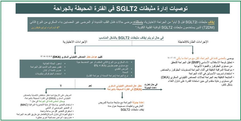 الشكل 1: توصيات حول كيفية إدارة مثبطات SGLT2i في الفترة المحيطة بالجراحة. تُصمَّم خطط الإدارة بناءً على مدى الحاجة الملحة إلى الجراحة والعوامل المهمة الأخرى المتعلقة بحالة المريض أو الجراحة التي قد تزيد خطر الإصابة بالحماض الكيتوني السكري خلال هذه الفترة. لا تنطبق هذه الخوارزمية على المرضى غير المصابين بداء السكري الذين يستخدمون مثبطات SGLT2i لعلاج فشل القلب أو الوقاية القلبية الكلوية، حيث تشير البيانات إلى أنه ينبغي لهم الاستمرار في استخدام هذه المثبطات. يُرجى ملاحظة أنه لا توجد أدلة من الدرجة الأولى حول كيفية إدارة مثبطات SGLT2i في الفترة المحيطة بالجراحة. SGLT2i: مثبط الناقل المشترك للصوديوم والجلوكوز-2؛ BMP: تحليل لوحة الاستقلاب الأساسي؛ T2DM: داء السكري من النوع الثاني؛ DKA: الحماض الكيتوني السكري؛ MAC: الرعاية التخديرية المُراقَبة.