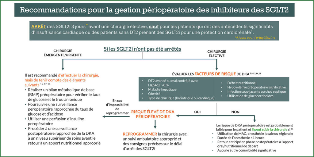 Figure 1 : Recommandations pour la gestion périopératoire des SGLT2i. Les modalités de gestion sont déterminées par le caractère urgent ou non de la chirurgie ainsi que d’autres facteurs significatifs liés au patient ou à la chirurgie susceptibles d’accroître le risque d’acidocétose diabétique périopératoire. Cet algorithme ne s’applique pas aux patients sous SGLT2i pour insuffisance cardiaque ou protection cardiorénale, car les données suggèrent qu’ils devraient poursuivre les SGLT2i. Il convient de noter qu’il n’existe aucune preuve de classe 1 pour la gestion périopératoire des SGLT2i. SGLT2i : inhibiteur du cotransporteur du sodium-glucose de type 2 ; BMP : Bilan métabolique de base ; DT2 : Diabète sucré de type 2 ; DKA : Acidocétose diabétique ; MAC : Soins d’anesthésie surveillés.