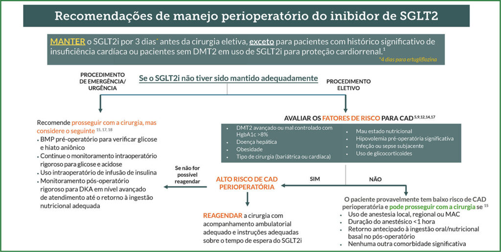 Figura 1: Recomendações para o manejo perioperatório de SGLT2i. As vias de tratamento são influenciadas pela urgência da cirurgia e outros fatores significativos cirúrgicos ou do paciente que podem aumentar o risco de cetoacidose diabética perioperatória. Este algoritmo não se aplica a pacientes não diabéticos que tomam SGLT2i para insuficiência cardíaca ou proteção cardiorrenal, pois os dados sugerem que eles devem continuar com o SGLT2i. Observe que não há evidências de Classe 1 para o manejo perioperatório de SGLT2i. SGLT2i: inibidor do cotransportador de sódio-glicose-2; BMP: Painel metabólico básico; DMT2: Diabetes mellitus tipo 2; CAD: Cetoacidose diabética; MAC: Cuidados anestésicos monitorados.