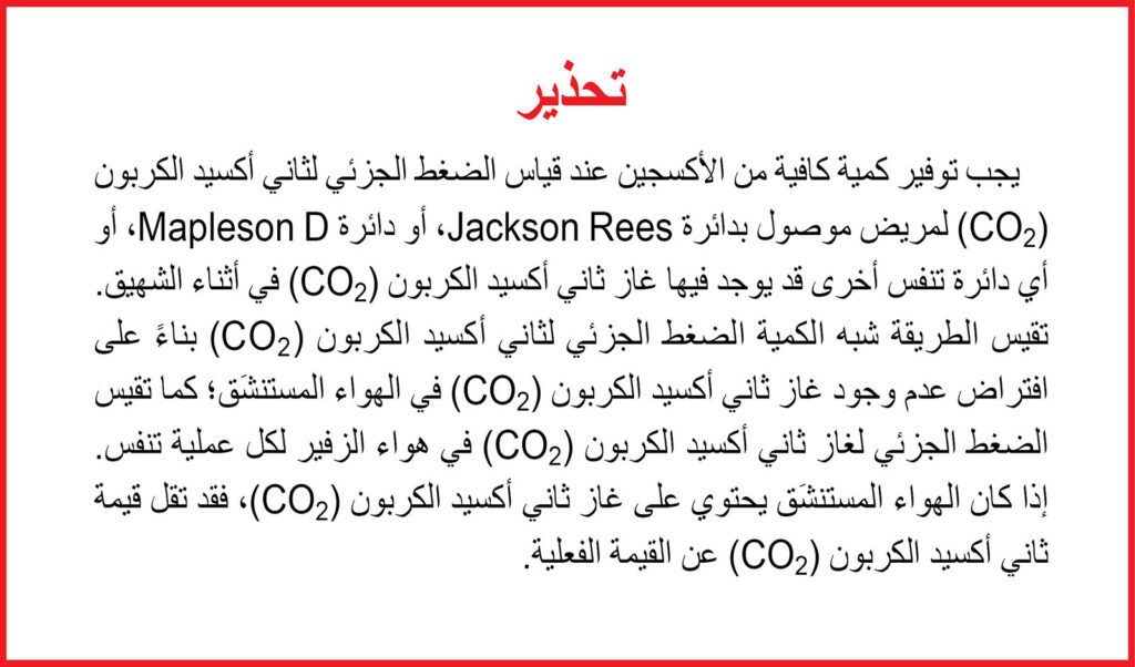 الشكل 2: تحذير في دليل تشغيل TG-920P: تأثير اختلاط غاز ثاني أكسيد الكربون (CO<sub dir="rtl">2</sub>) في الهواء المستنشَق في القيمة المقيسة لثاني أكسيد الكربون (CO<sub dir="rtl">2</sub>).