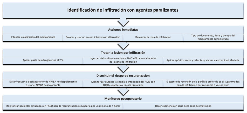 Figura 1: Algoritmo propuesto por los autores para manejar la extravasación de agentes paralizantes.<br />Agente de bloqueo neuromuscular (NMBA); bloqueo neuromuscular (NMB); unidad de cuidados posanestésicos (PACU); índice de tren de cuatro (TOFR).