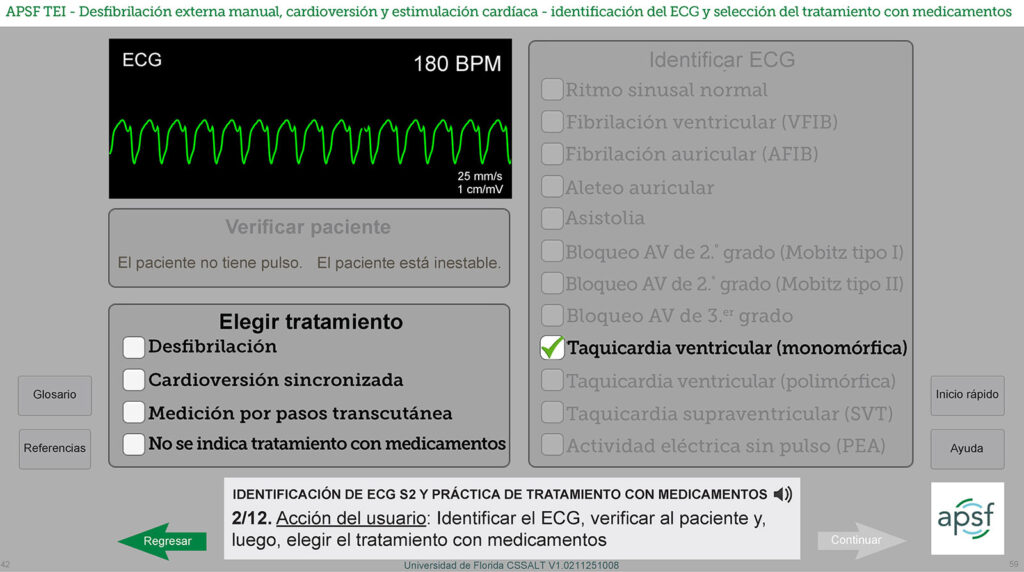Figura 2. Cómo hacer una cardioversión con la interfaz de usuario genérica del desfibrilador externo manual en la simulación MEDCP.