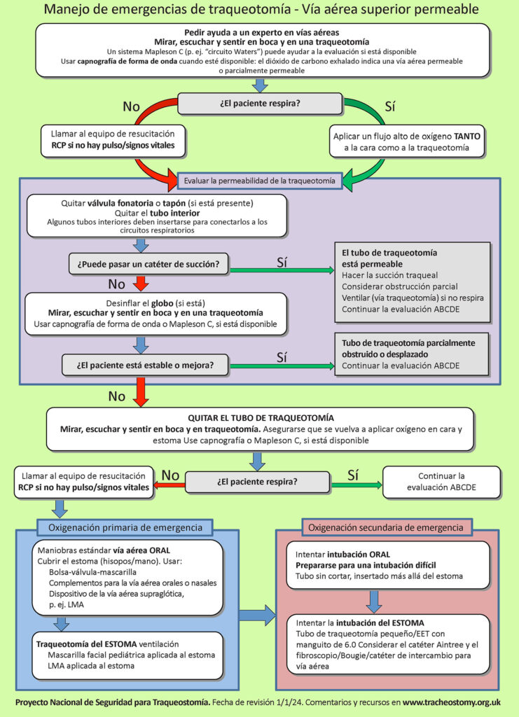 Figura 3: Algoritmo de manejo de la traqueostomía de emergencia. Usado con el permiso de Brendan McGrath y el Proyecto Nacional de Seguridad en Traqueostomías.