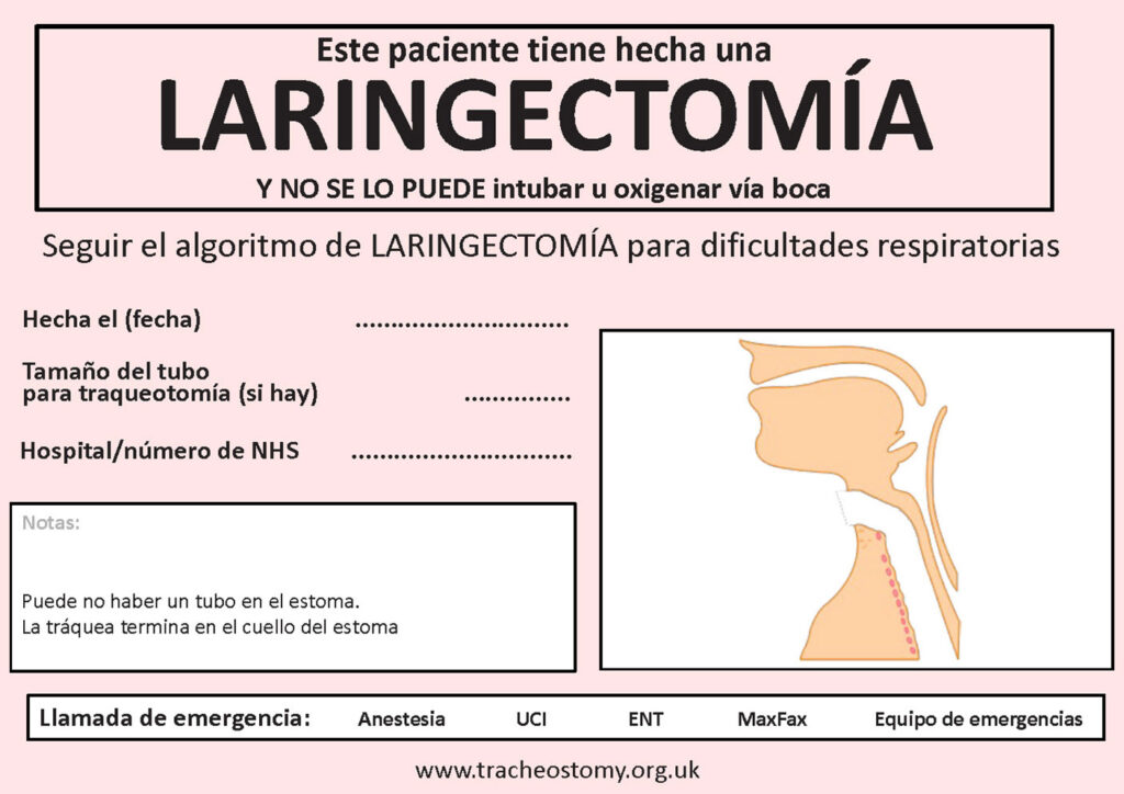Figura 5: Cartel de laringectomía junto a la cama. Usado con el permiso de Brendan McGrath y el Proyecto Nacional de Seguridad en Traqueostomías.