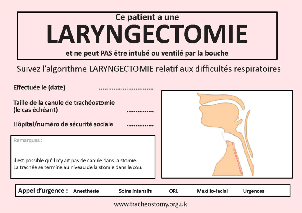 Figure 5 : Affichette au chevet d’un patient ayant subi une laryngectomie. Avec l’autorisation de Brendan McGrath et du National Tracheostomy Safety Project.