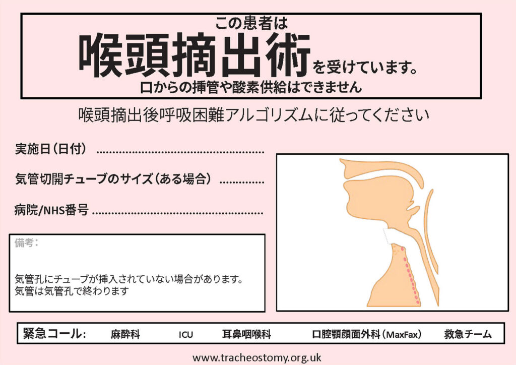 図5:喉頭摘出ベッドサイドサイン。Brendan McGrathおよびNational Tracheostomy Safety Projectの許可を得て使用。