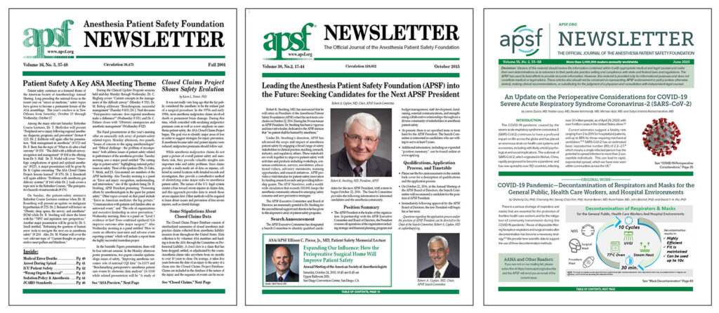 The APSF Newsletter through the years, starting with the original design under John Eichhorn; changes to the logo and format under Bob Morell; and our latest edition with the new branding under Steven Greenberg.