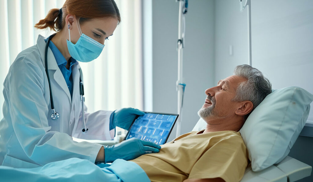 AI-generated image of doctor consulting AI with patient.