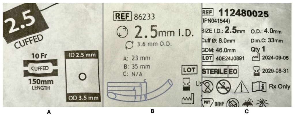 Figure 1. Variations in external diameters of endotracheal tubes. In these examples of 2.5 cuffed endotracheal tubes, three manufacturers report an external diameter of 3.5 mm (A: SunDex), 3.6 mm (B: Shiley), and 4.0 mm (C: Rusch). In small children, this is an important consideration.