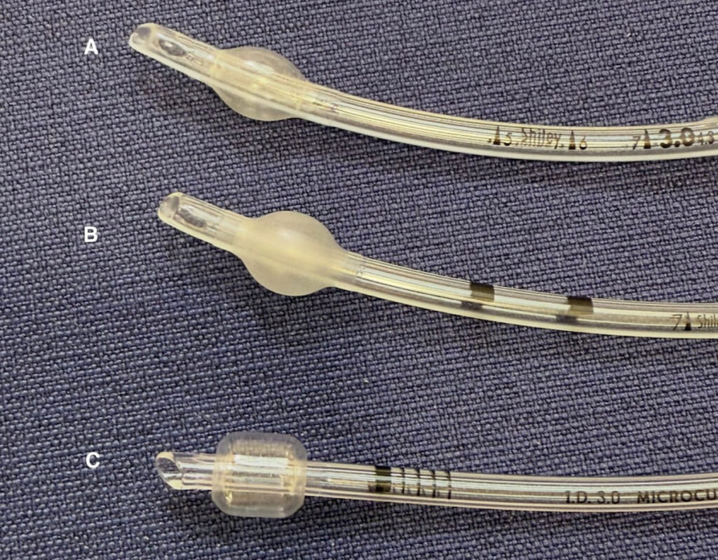 Figure 2. Endotracheal tube cuff designs and variations in markers. These are three examples of 3.0 endotracheal cuffed tubes: A: Shiley Hi-Low PVC cuff; B: Shiley Intermediate PVC cuff; C: Microcuff, polyurethane cuff.