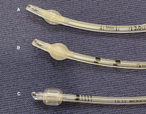 Figure 2. Endotracheal tube cuff designs and variations in markers. These are three examples of 3.0 endotracheal cuffed tubes: A: Shiley Hi-Low PVC cuff; B: Shiley Intermediate PVC cuff; C: Microcuff, polyurethane cuff.