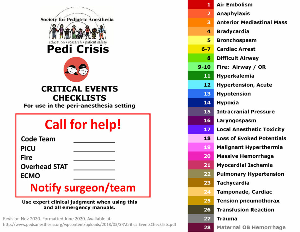 Society for Pediatric Anesthesia (SPA) - Critical Events Checklists